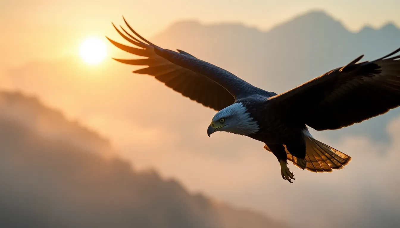 This breathtaking image showcases a majestic eagle soaring gracefully above a misty mountain landscape at dawn. The warm golden sunlight highlights the exquisite details of the eagle's feathers, creating a striking contrast against the softly diffused background fog. With a hyperfocal depth, the image captures both the eagle in flight and the serene mountains, inviting viewers into a tranquil moment high above the earth. The muted earth tones add to the natural beauty of the scene.