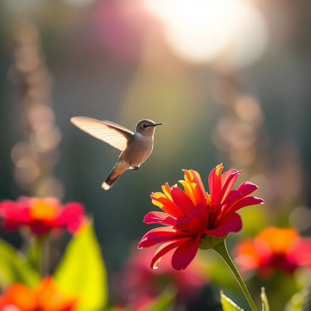 This enchanting image captures a hummingbird hovering delicately near a colorful flower in a sunlit garden. The soft morning light creates a warm ambiance, beautifully highlighting the intricate details of the bird's feathers. With a shallow depth of field, the background melts away, drawing attention to the stunning interaction between the hummingbird and the flower. The composition evokes a sense of intimacy and wonder in nature.