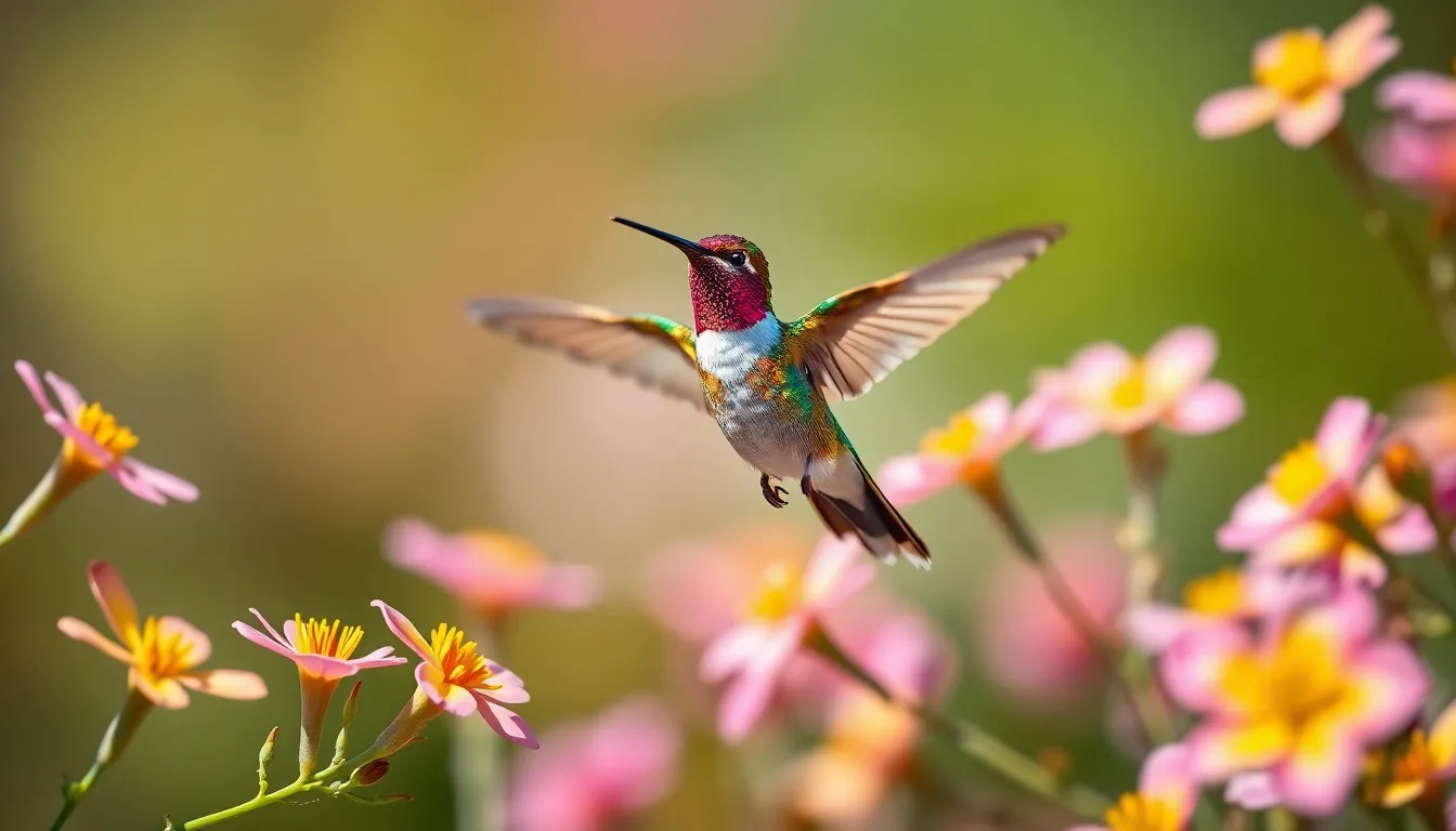Dynamic Hummingbird Hovering Amidst Blooms
