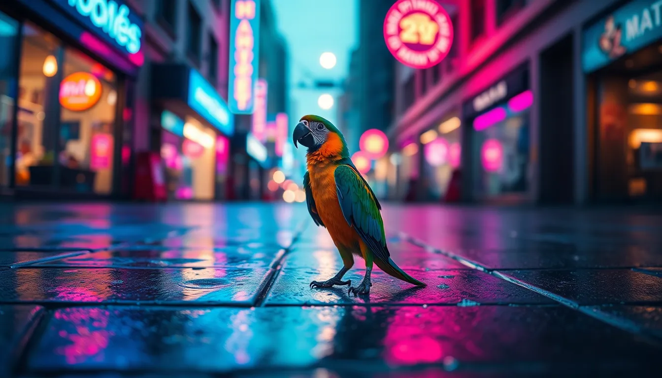 A vividly colored parrot stands out against the urban backdrop, its feathers illuminated by the neon light reflecting off the wet pavement. The artistic Dutch angle adds dynamism to the shot, while the soft bokeh creates a dreamy atmosphere. Raindrops glisten on the ground, enhancing the vibrancy of the scene and drawing attention to the bird’s stunning colors.