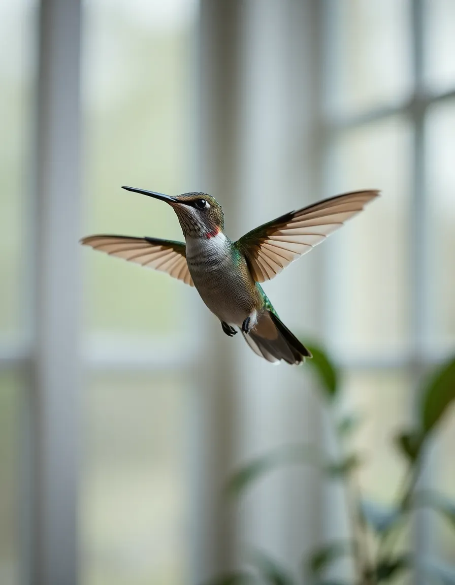 An exquisite close-up of a hummingbird in flight, captured under soft, diffused daylight from an overcast sky. The bird's iridescent feathers shimmer in muted greens and pastels, emphasizing its delicate nature. With a shallow depth of field, the background melts away, drawing attention to the fine details of the hummingbird's wings as it hovers gracefully. This image encapsulates a moment of serene beauty, showcasing the grace of one of nature's smallest creatures.