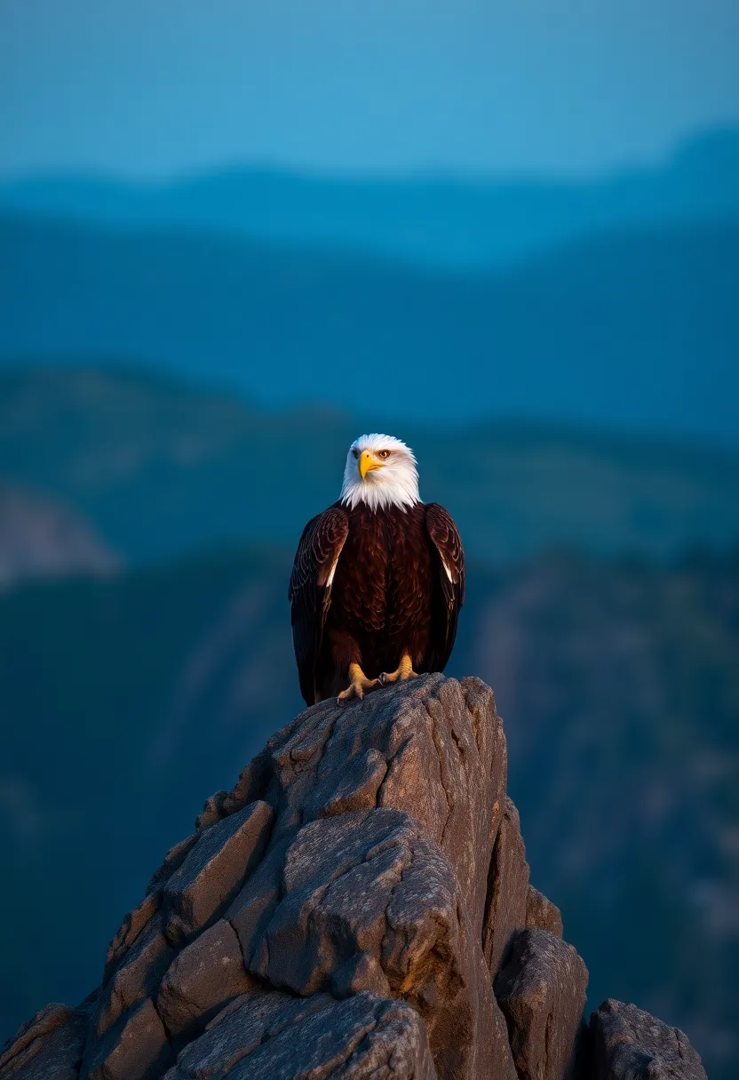 A powerful bald eagle stands proudly on a rocky outcrop as twilight envelops the landscape. The soft, cool light accentuates the eagle’s regal features, providing a dramatic contrast against the rugged cliff. The composition highlights the bird's majestic presence in its natural environment, evoking a sense of solitude and strength as day transitions to night.