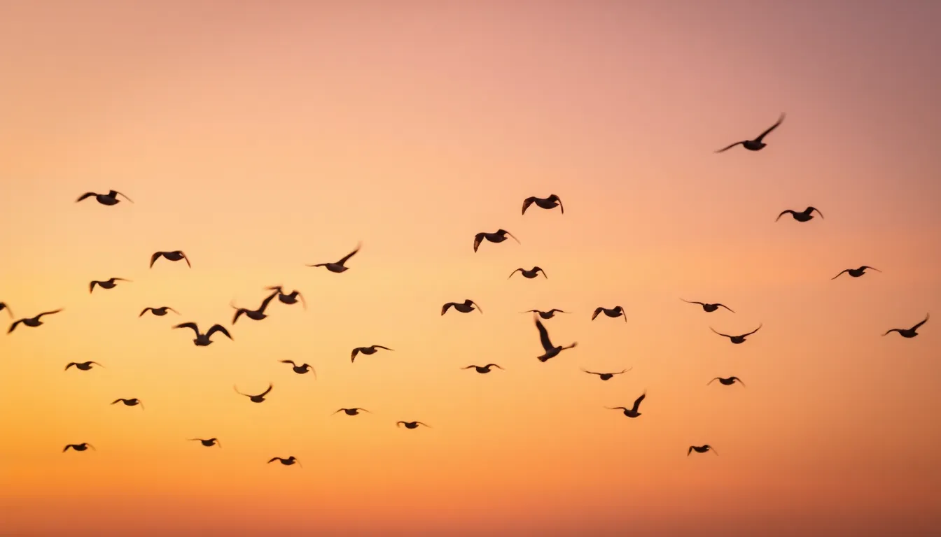 A captivating view of a flock of birds flying across a stunning pastel sunset sky. The silhouettes of the birds create a dynamic contrast against the warm colors of the setting sun, evoking feelings of freedom and tranquility. The wide composition accentuates the vastness of the sky while the warm hues lend a serene ambiance to the scene. This image beautifully captures the essence of nature's evening beauty.