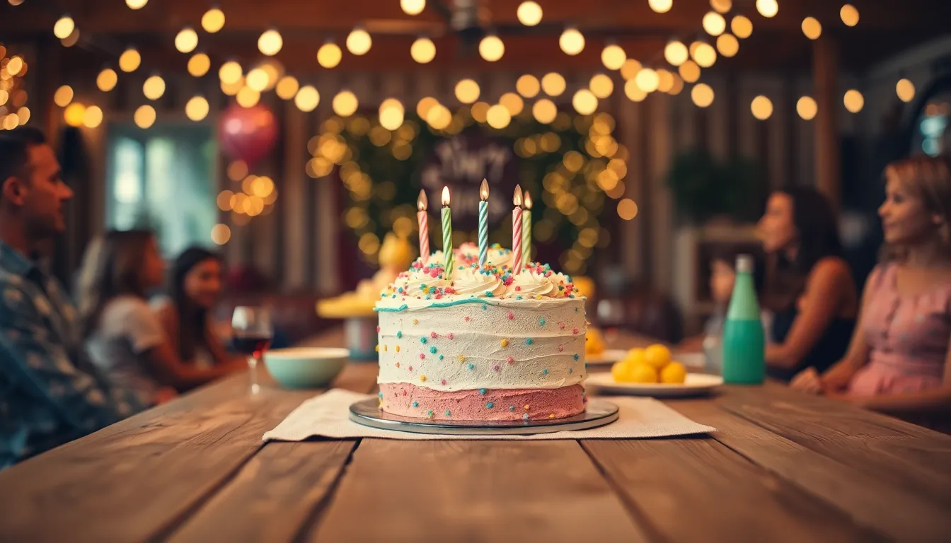 Colorful Birthday Party Cake on Wooden Table