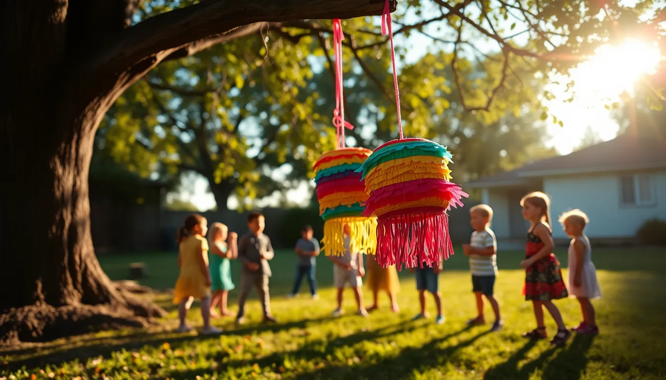 Colorful Birthday Piñata Hanging from Tree