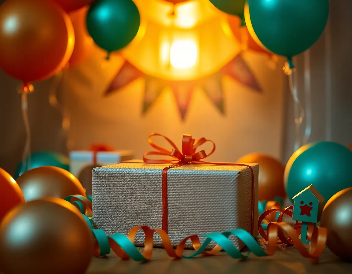 Gift-Wrapped Box Surrounded by Birthday Decorations