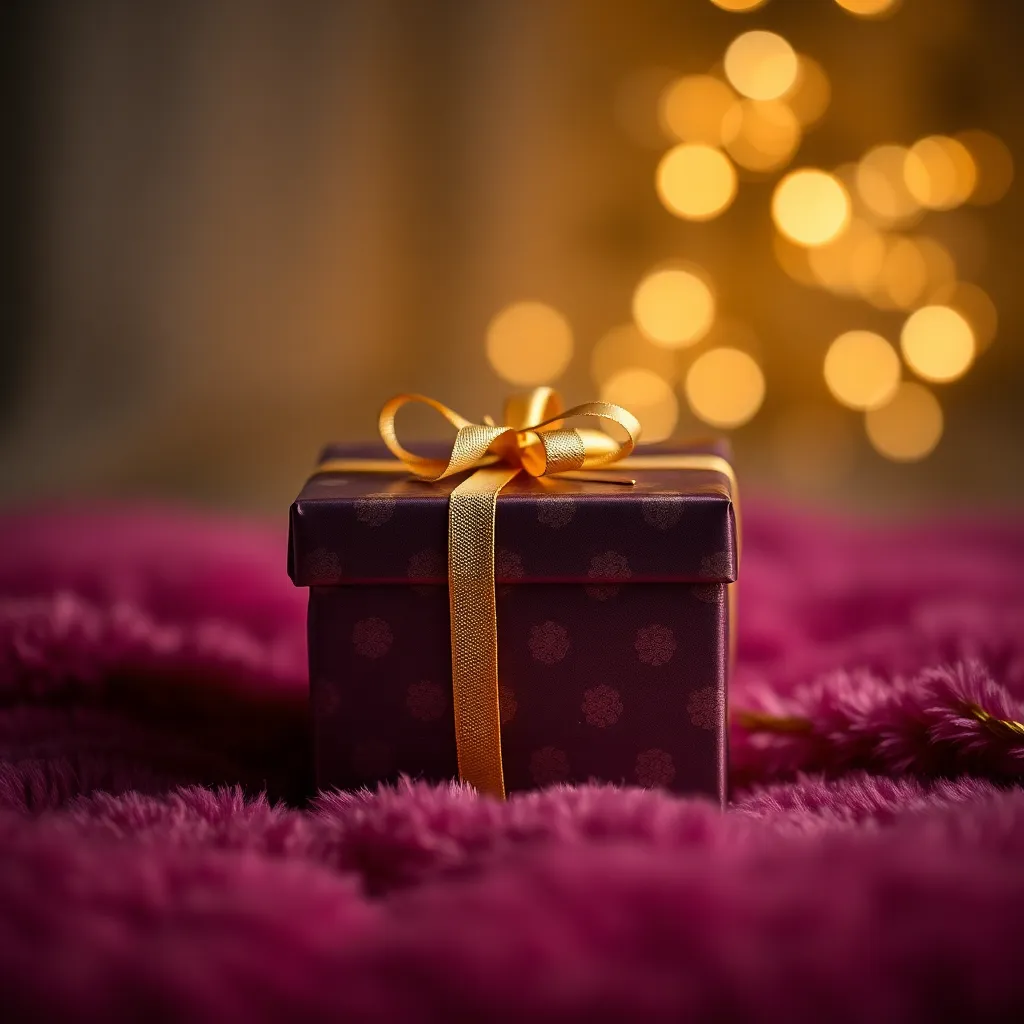 Stylish Wrapped Birthday Present on Plush Surface
