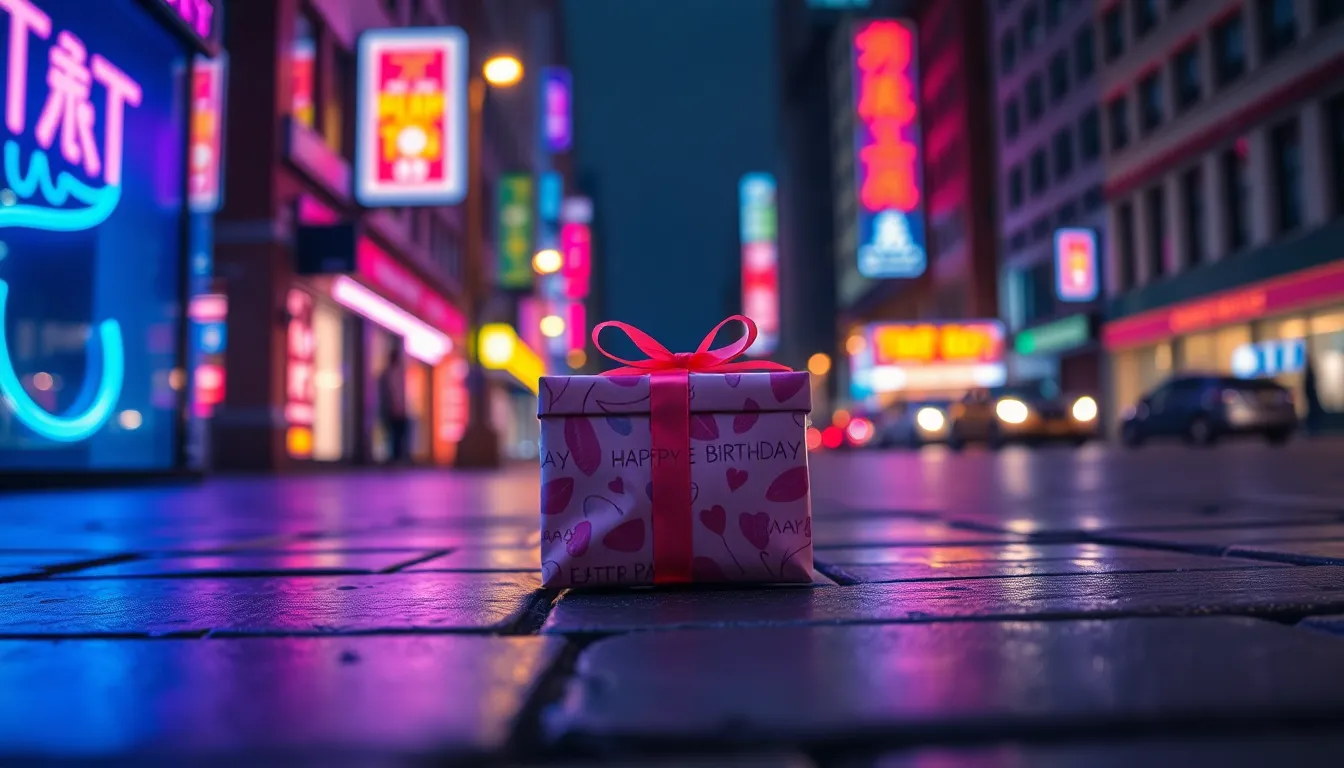 Neon Lights Reflecting on Wet Pavement at Birthday Party