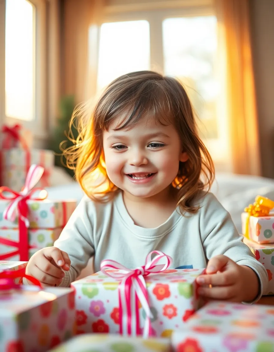 Child Unwrapping Birthday Presents with Joy