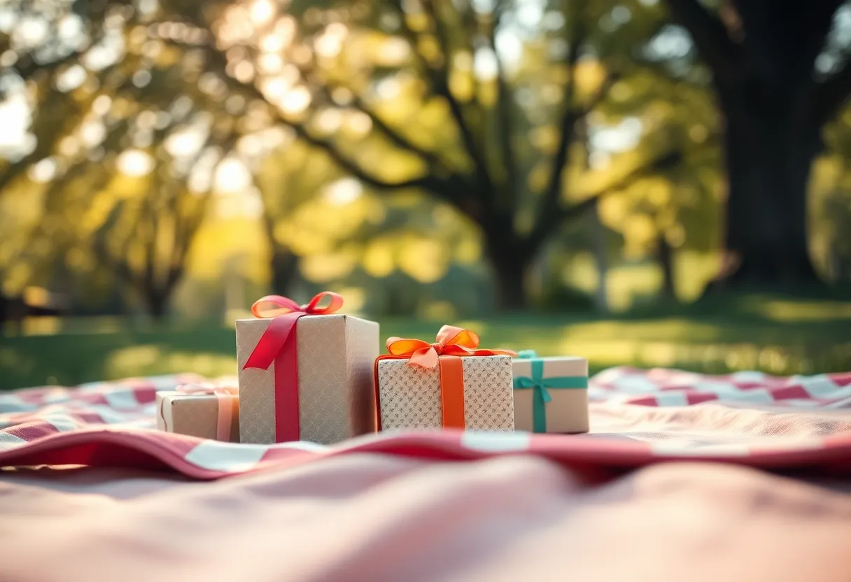 Wrapped Birthday Gifts on a Picnic Blanket