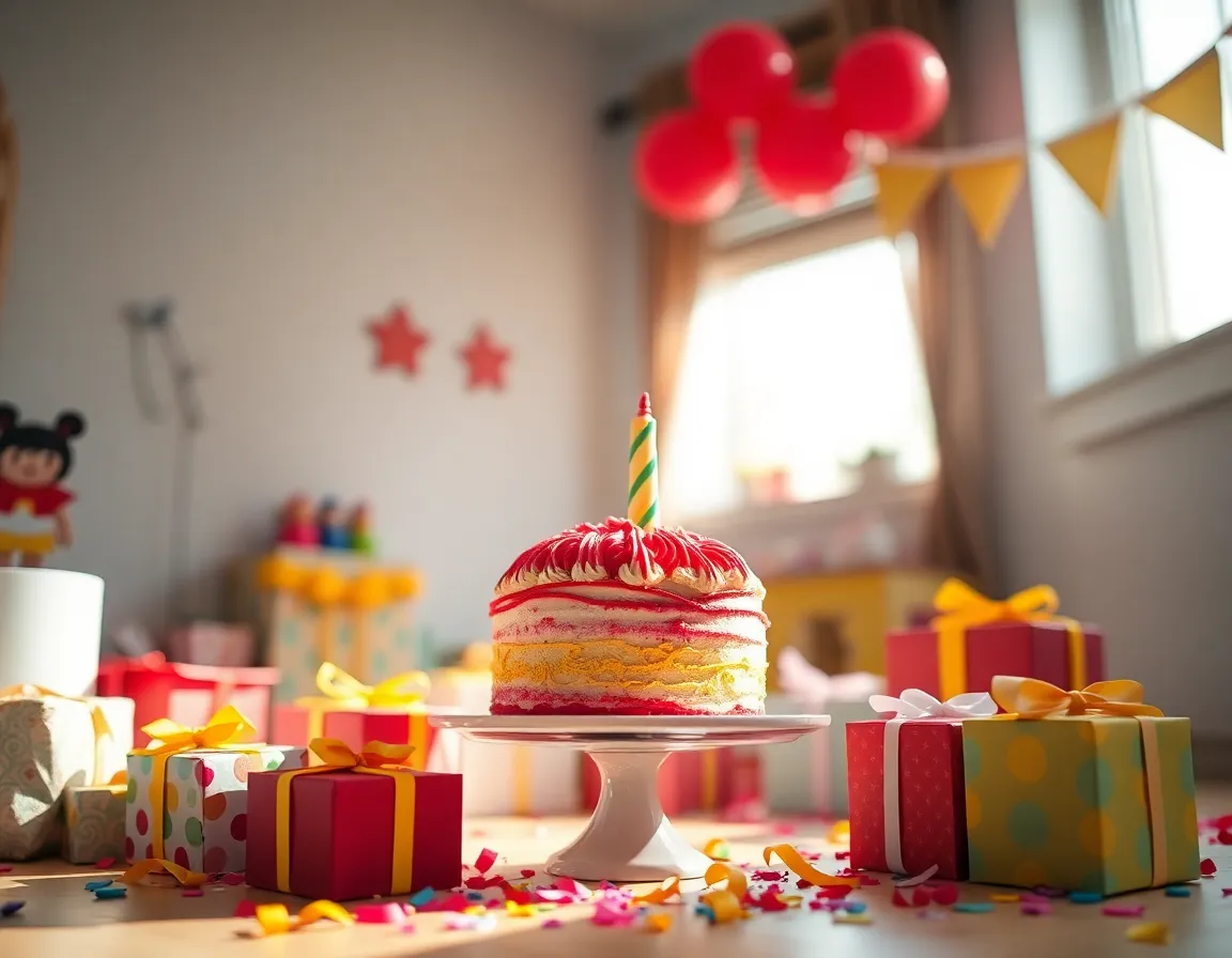 Vibrant Birthday Cake Surrounded by Gifts