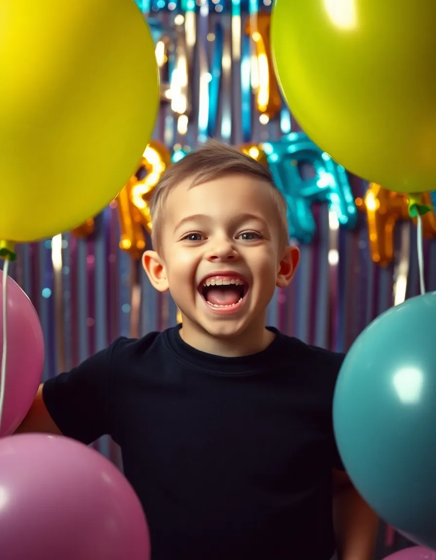 Excited Birthday Boy Surrounded by Balloons