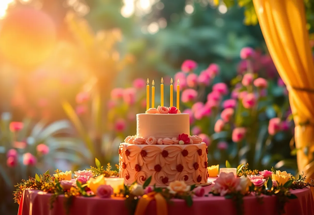 Sunset Birthday Cake Table in a Garden