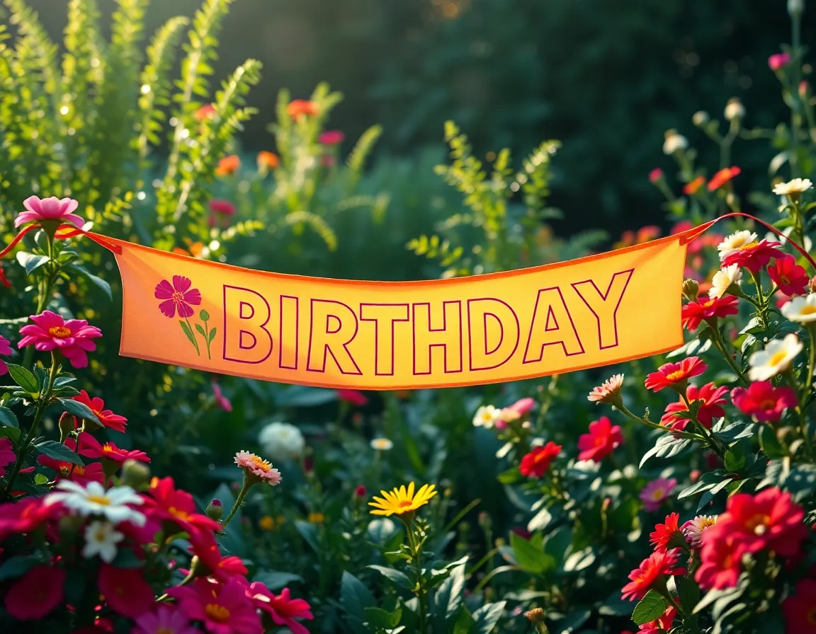 Vibrant Birthday Banner in Blooming Garden
