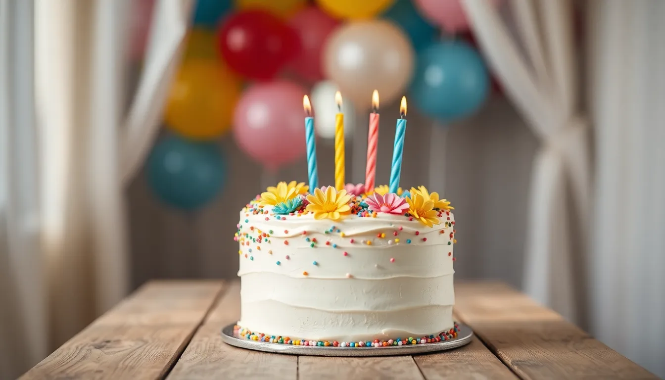 Colorful Birthday Cake on Rustic Table