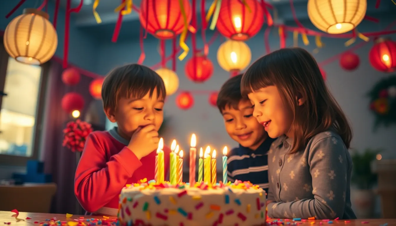 Children Blowing Out Candles on a Birthday Cake