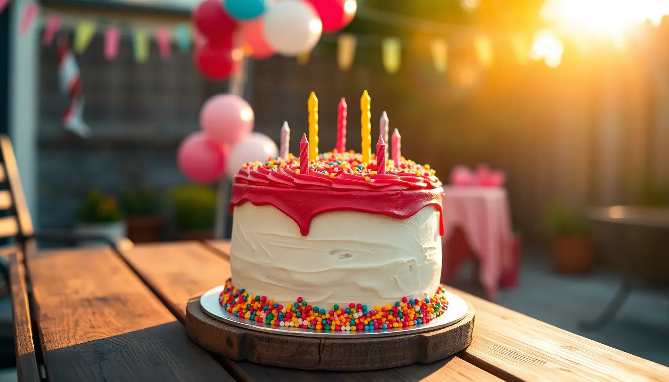 Joyful Birthday Cake Celebration in Backyard