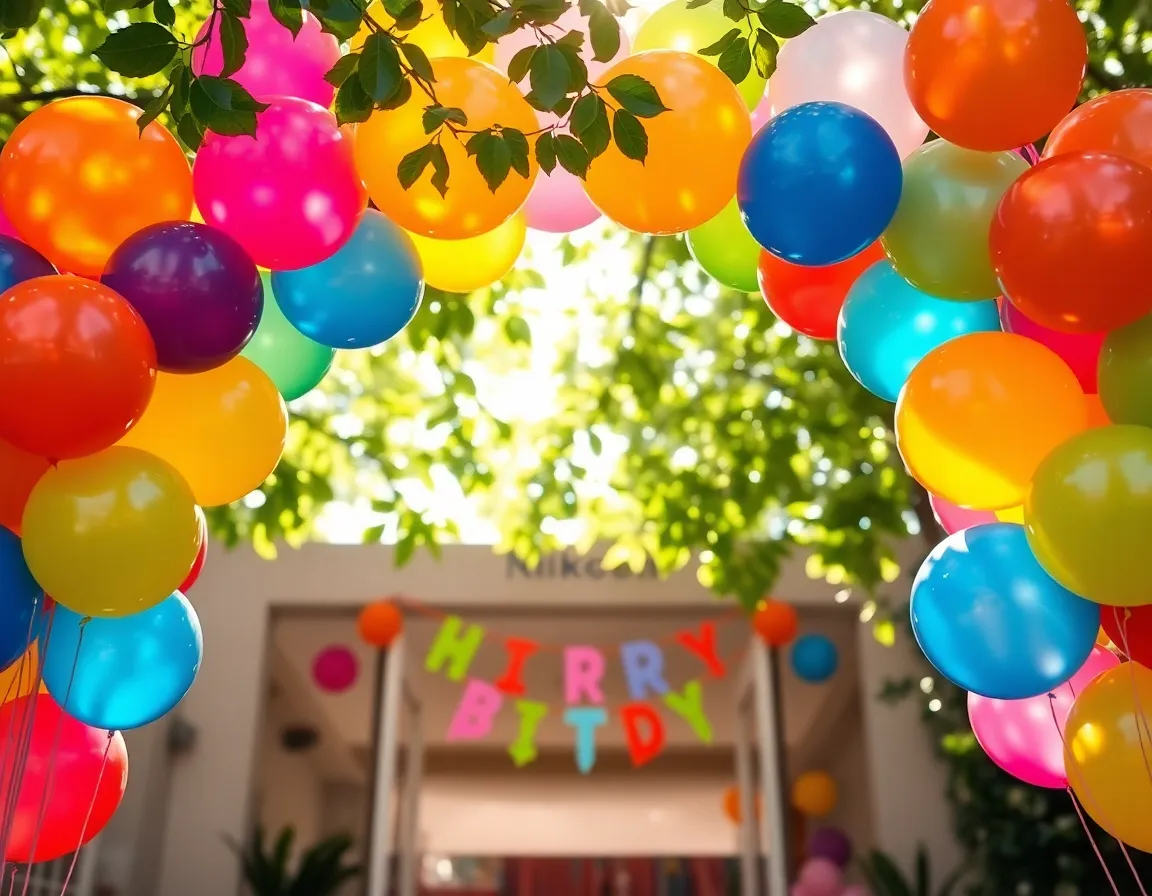 Colorful Balloon Arch at Birthday Party Entrance