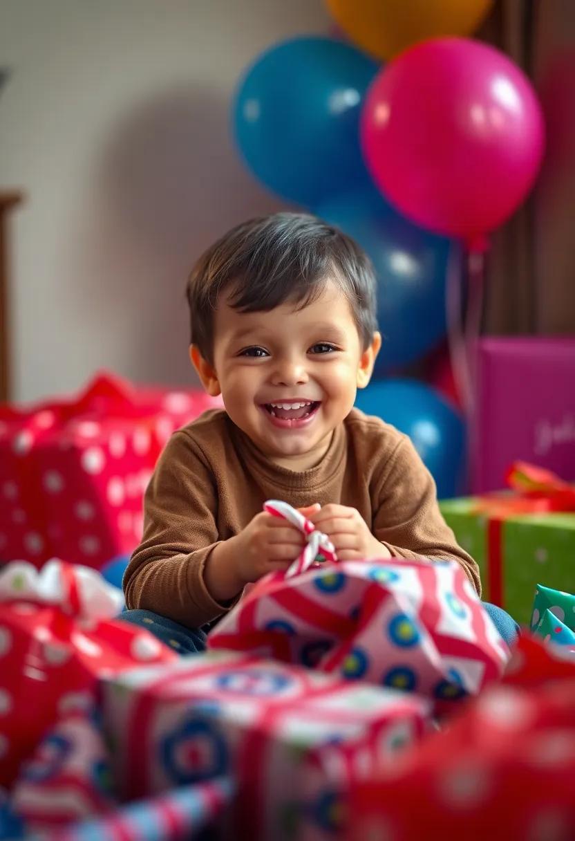 Excited Child Unwrapping Birthday Gifts