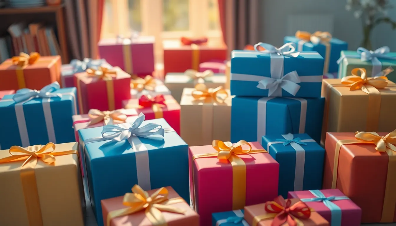 Overflowing Birthday Gift Table with Colorful Wrapping