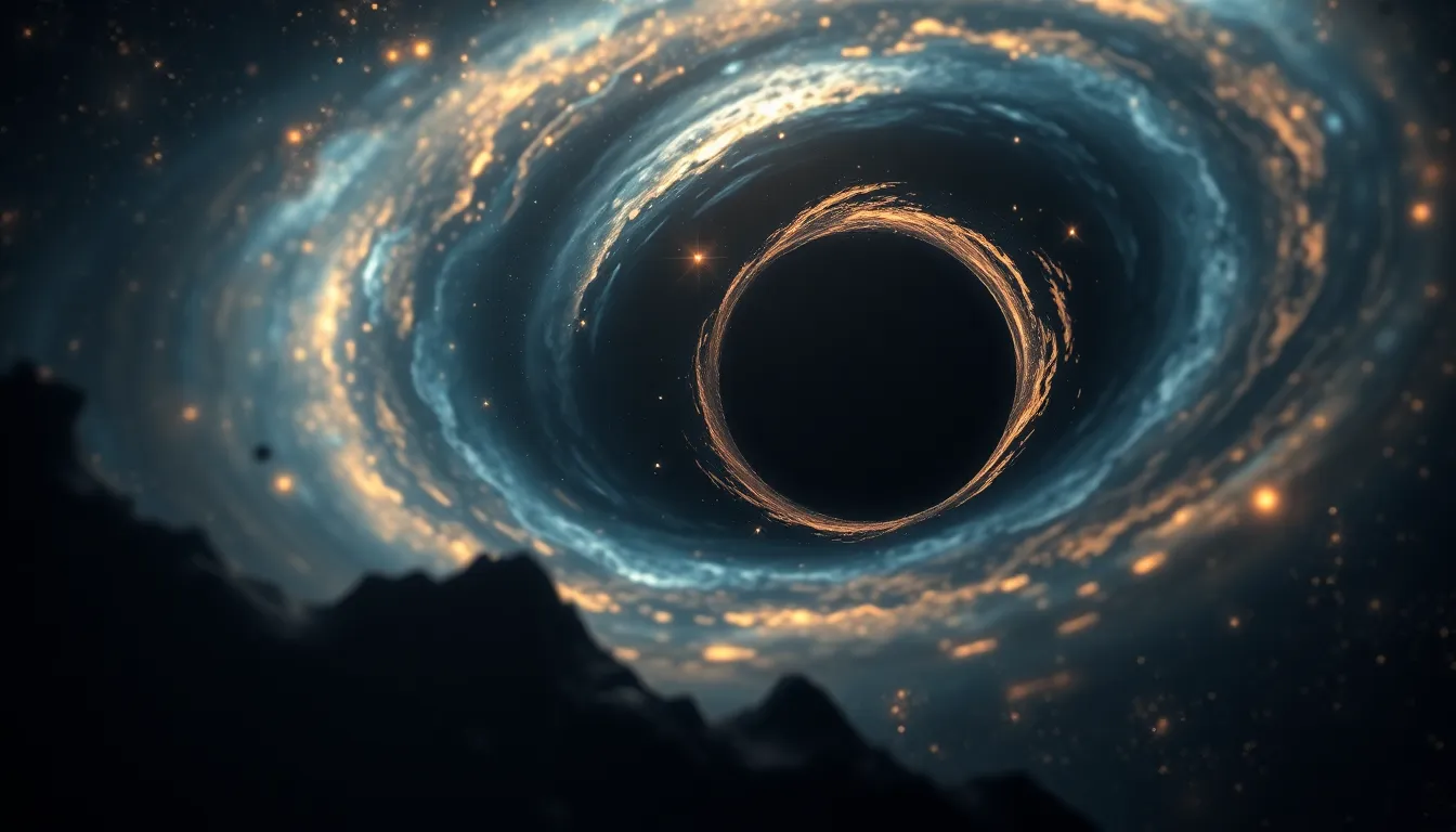 This captivating image illustrates a binary black hole system, glowing with the light of stars being consumed. Ethereal light creates dramatic contrasts against the deep cosmic backdrop. A tilt-shift effect enhances the scale of the black holes, making them appear almost miniature amongst the vastness of space. Leading lines from the orbits of surrounding stars guide the viewer’s eye towards the dynamic interaction between the two black holes, inviting curiosity about their cosmic relationship.