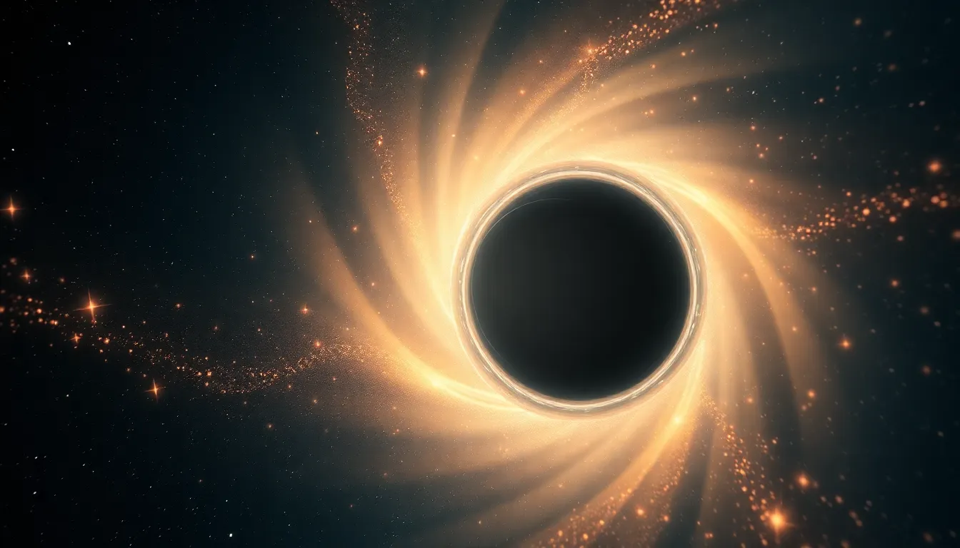 Experience the captivating distortion of light around a black hole in this dramatic interpretation. The ethereal light creates a mesmerizing scene, highlighting the warped space around the black hole while distant stars twinkle in rich indigos and golds. This hyper-detailed image captures the essence of cosmic forces at play in a stunning visual display.