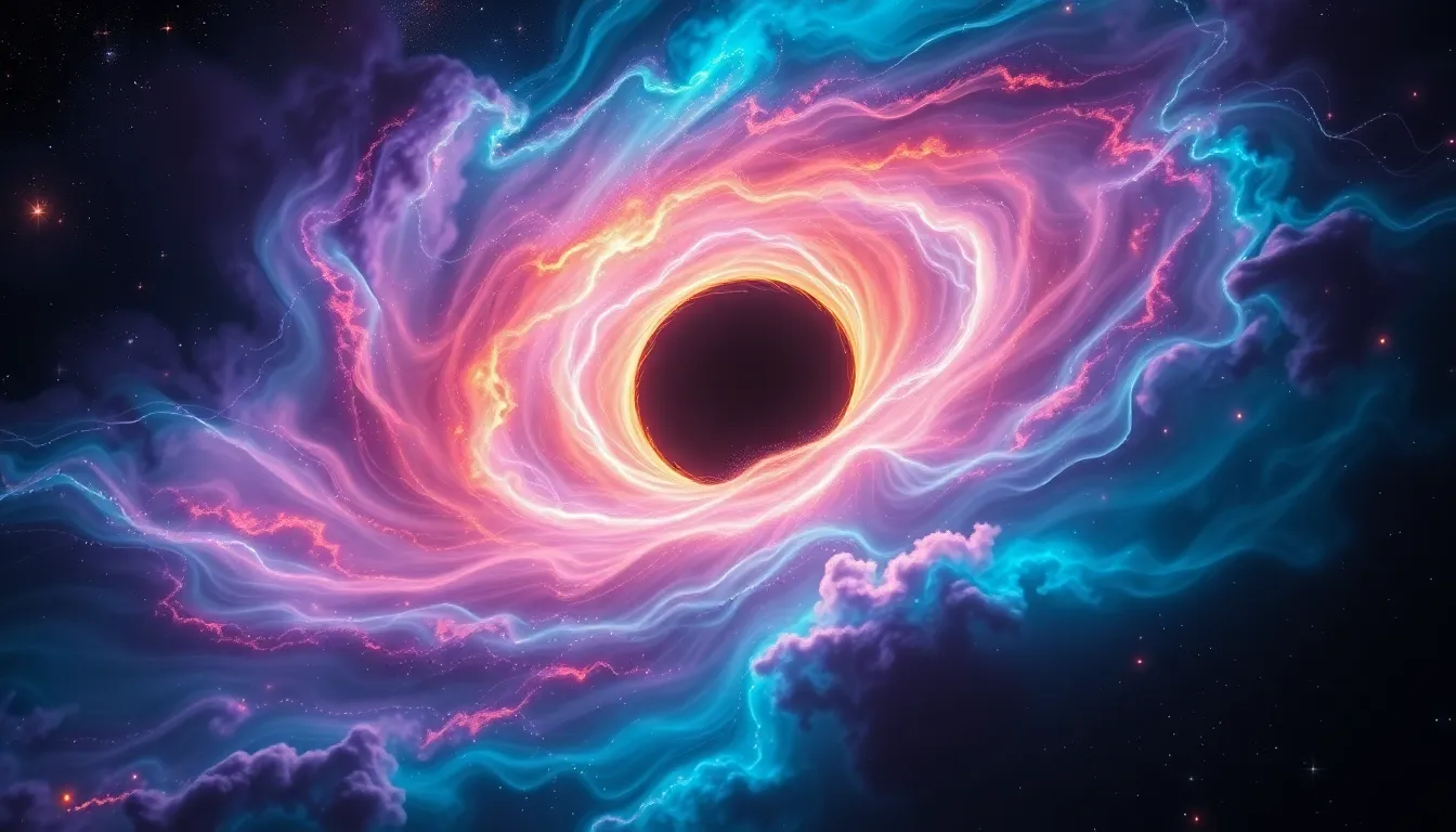 Witness the breathtaking beauty of a black hole surrounded by a dynamic accretion disk, swirling with vibrant colors. This cosmic scene showcases ethereal gas clouds illuminated by radiant energy, in a dramatic composition that emphasizes the immense gravitational forces at play. The deep purples and fiery oranges come alive against the starkness of space, creating a visual masterpiece that captivates the imagination.