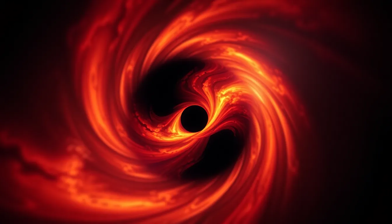 Marvel at the dynamic beauty of a black hole enveloped by a swirling accretion disk in this hyper-detailed visualization. With bright colors radiating from the disk, the image captures the intense energy of space, set against the stark backdrop of a black void. The stunning halo effect and blurred background create a sense of depth, inviting viewers into the captivating cosmos.