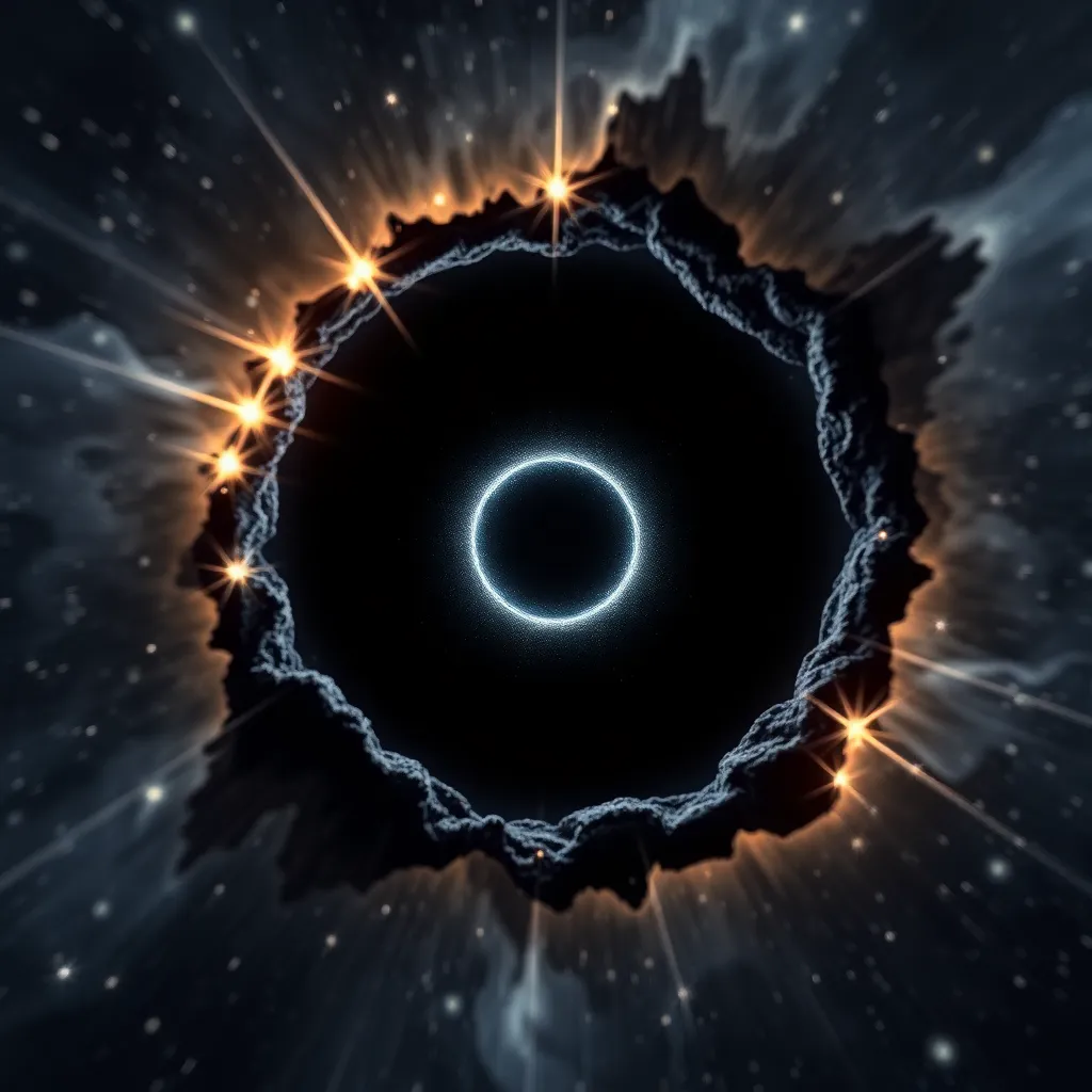 This artistic image presents a surreal depiction of a black hole ripping through the fabric of space-time. Bright starbursts illuminate the edges of the black hole against a dark cosmic backdrop, creating a stark contrast. Shallow depth of field blurs the surrounding space, allowing intricate details of the black hole to stand out. The centered symmetrical composition amplifies the surreal nature of this cosmic phenomenon, evoking a sense of wonder and intrigue.