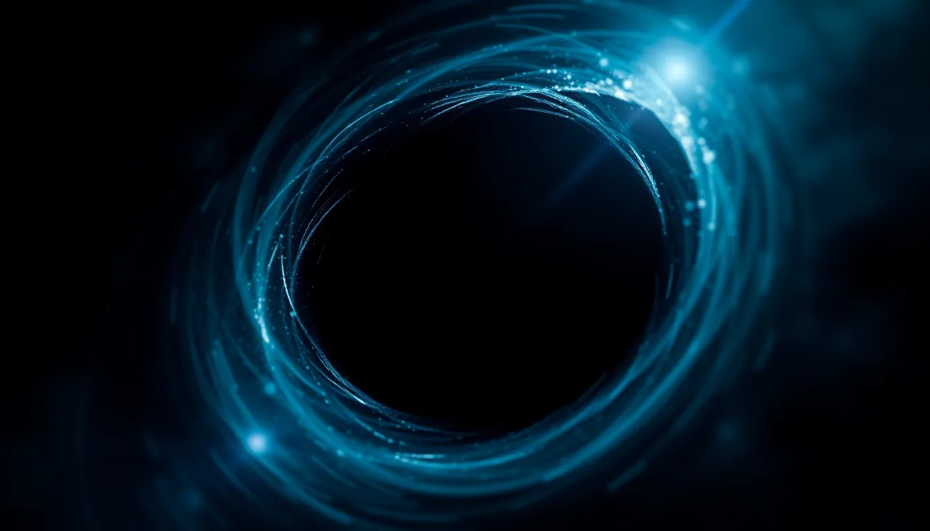 Explore the enigmatic allure of a black hole's event horizon in this abstract representation. The intense gravitational lensing creates a mesmerizing interplay of shadows and highlights, emphasizing the swirling mass at the center. Surreal colors of blacks, blues, and greens add depth to the image, inviting viewers to lose themselves in the beauty of the cosmos.