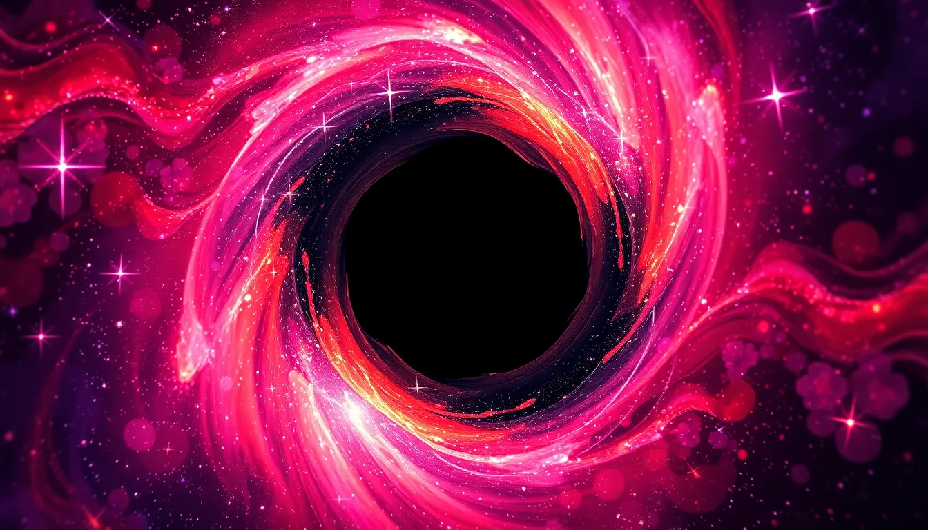 This abstract artwork visually represents a black hole, using a vivid color palette of warm pinks, deep purples, and glowing whites blending seamlessly. The soft, diffused lighting contributes to a dreamy atmosphere, while sharp focus enhances the intricate swirling textures surrounding the central black hole. Symmetrically composed, this piece invites viewers to contemplate the mysteries of space and the gravitational forces at play. The unique interpretation of a black hole is both imaginative and striking.