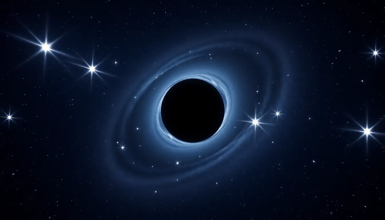 This captivating image illustrates the gravitational impact of a black hole on surrounding stars, showcasing the stunning lensing effect as they blur into elongated shapes. The dark void of the black hole is contrasted by the brilliance of distant starlight, set against a muted palette of blues and purples. The composition skillfully leads the viewer's eye towards the black hole, emphasizing its dominating presence in the cosmos.
