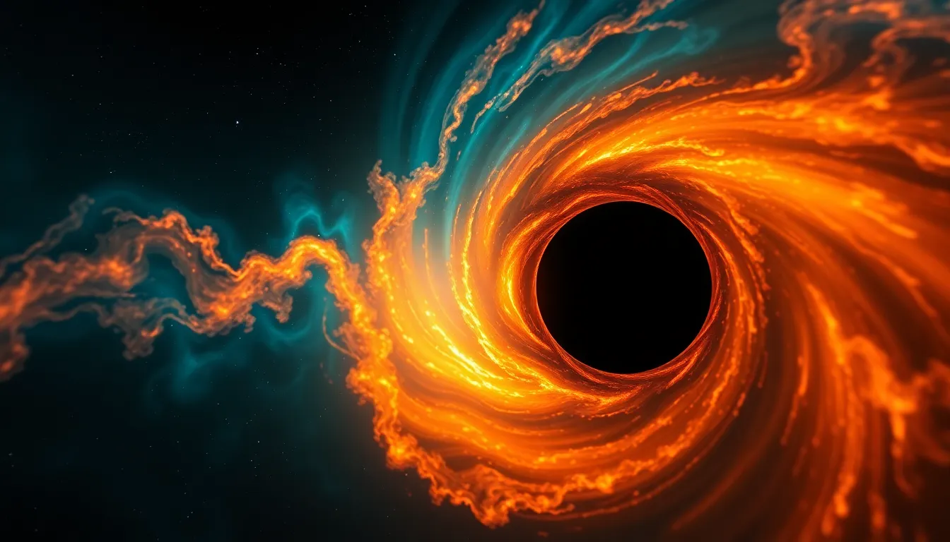 This breathtaking image presents a black hole encircled by a radiant accretion disk, captured during the serene expanse of space. The vibrant colors of deep blues and fiery oranges contrast dramatically with the profound darkness of the hole, creating a stunning visual effect. The swirling gas within the disk showcases intricate details, while the blurred backdrop enhances the focus on the cosmic phenomenon. This image encapsulates the awe and mystery of black holes in a striking and vivid manner.
