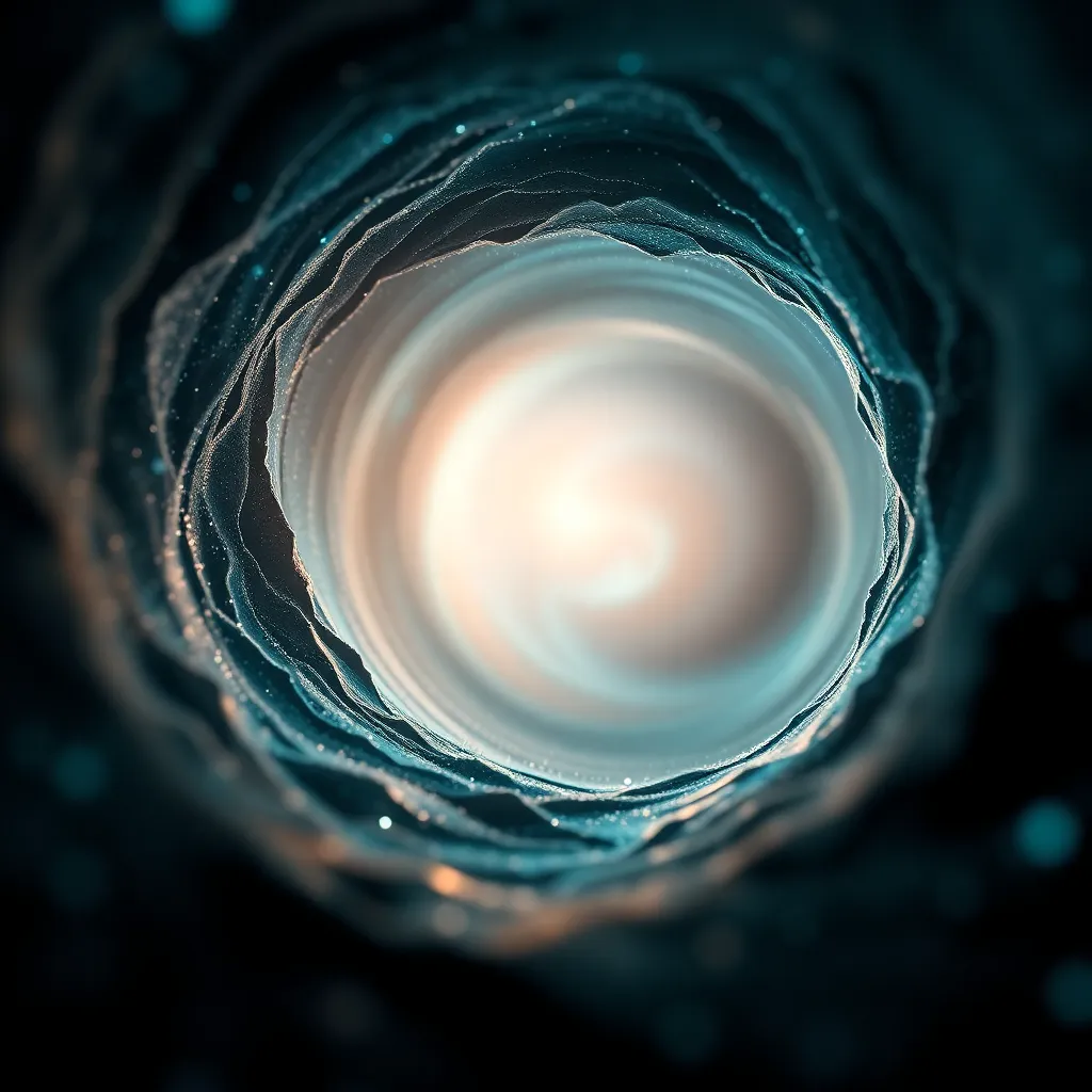 This close-up image offers a stunning view of a black hole, highlighting its mesmerizing event horizon. The intense gravitational pull is illustrated with spiraling matter glowing with vibrant starlight in shades of teal and white. The bokeh background enhances the focus on the black hole, showcasing its intricate textures and deep colors. Off-center composition adheres to the rule of thirds, creating a compelling visual narrative of cosmic mystery.