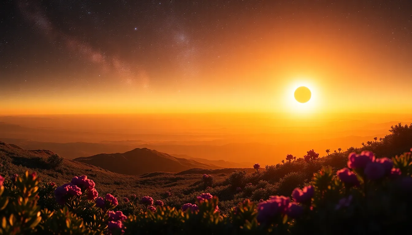 This panoramic scene portrays a distant planet observing a black hole, beautifully illuminated by golden hour light. Rich colors of purples and golds accentuate the cosmic environment, while hyperfocal focus captures stunning detail from the foreground to the black hole. Alien flora frames the composition, enhancing the sense of wonder and scale of the universe. The vivid interplay of nebulae and distant stars adds to the breathtaking cosmic landscape.