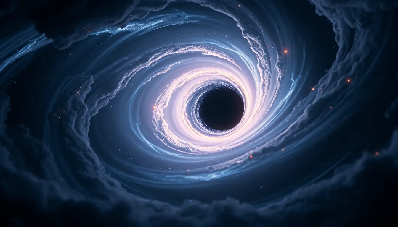 This image captures a breathtaking view of a black hole surrounded by a vibrant accretion disk. The scene features swirling gases illuminated by bioluminescent waves, casting an ethereal glow throughout the dark void of space. Deep focus ensures that every detail, from the cosmic dust to the fiery colors of the accretion disk, is rendered with clarity. The leading lines draw the viewer's eye toward the mysterious event horizon, embodying the dynamic nature of the cosmos.