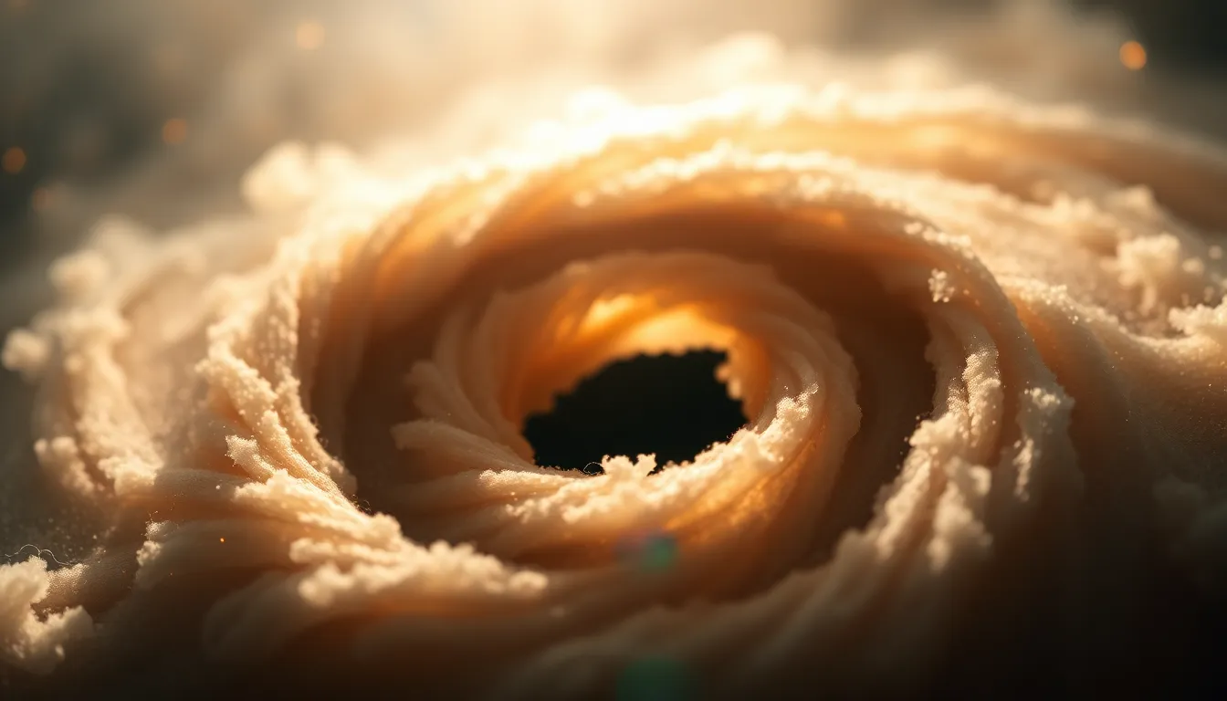 This stunning close-up captures the vibrant swirling gas clouds encircling a black hole, offering an intimate view of this cosmic phenomenon. Natural lighting emulates starlight, enhancing the ethereal quality of the gas with warm tones. The dreamy bokeh effect adds depth while the centered composition highlights intricate textural details, creating a mesmerizing visual. This image embodies the beauty and complexity of space, inviting viewers to explore the wonders of the universe.