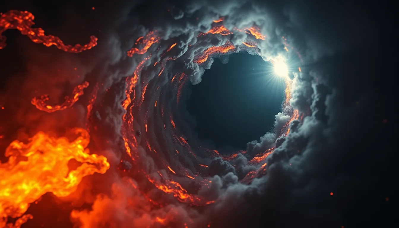 This dynamic image captures the intense moment matter is drawn towards a black hole, with fiery elements swirling chaotically. The bright glows and stark shadows weave a narrative of danger and chaos, contrasted vividly against the blackness of space. The use of a Dutch angle amplifies the sense of movement, drawing viewers into the vortex of consuming energy and captivating their imagination.