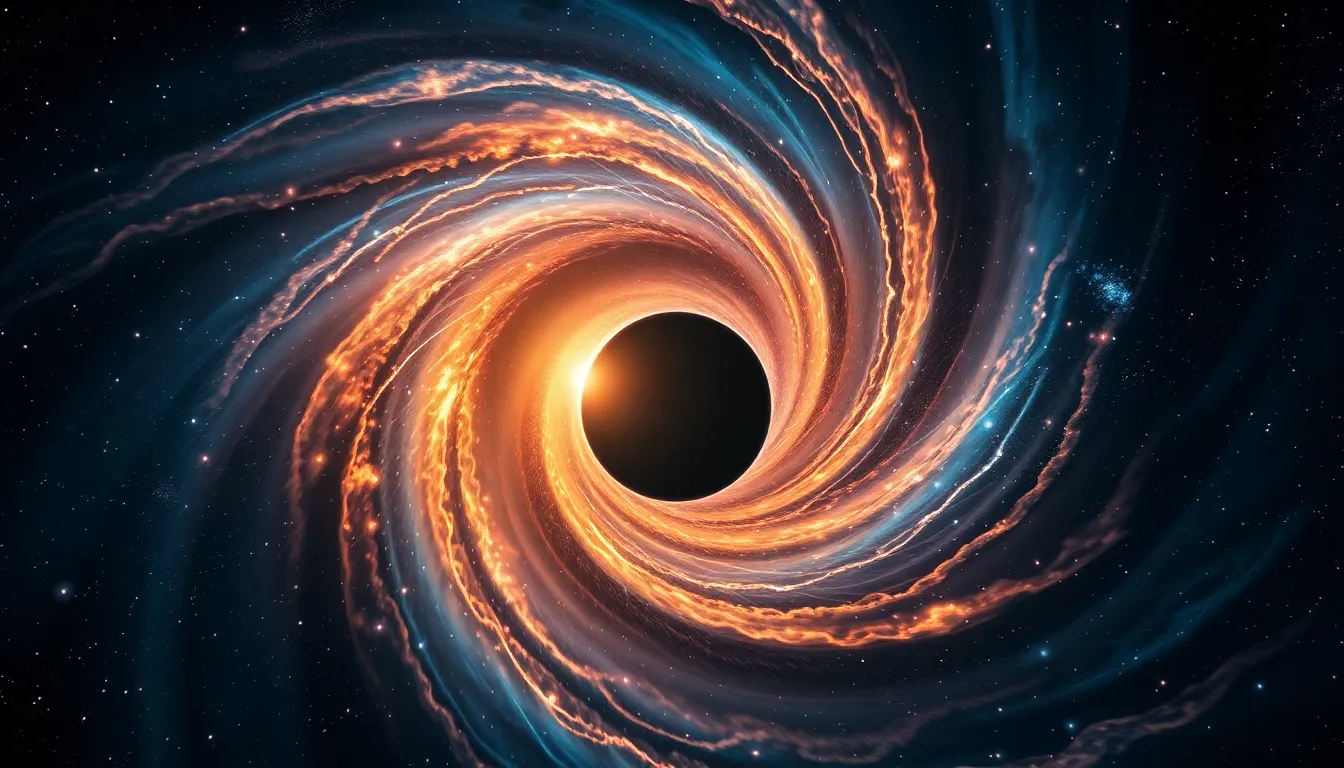A stunning representation of a black hole, surrounded by vibrant swirling accretion disks emitting energetic jets against a starry backdrop. The image captures the vastness of space with deep blacks and glowing colors, creating a sense of cosmic wonder. The sharp focus on the black hole contrasts beautifully with the soft bokeh of the background stars, adding depth to the scene.