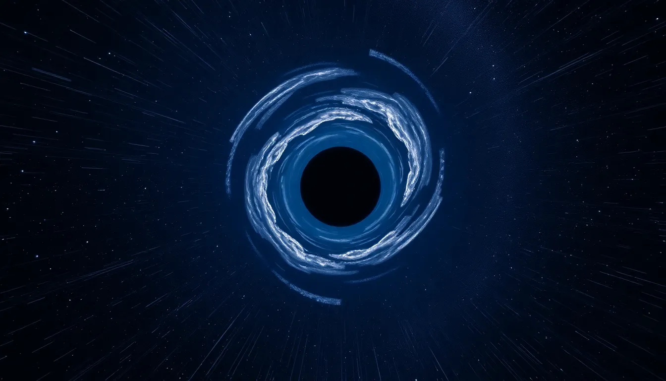 In this imaginative portrayal, a black hole appears as a mesmerizing cosmic whirlpool amidst a starry backdrop. The use of natural lighting from distant stars adds depth, emphasizing the dynamic nature of the universe. With rich dark blues and purples contrasted by bright starlight, the image captures the viewer's attention. Leading lines from star trails draw the eye toward the black hole, enhancing the feeling of movement and immersion in space.