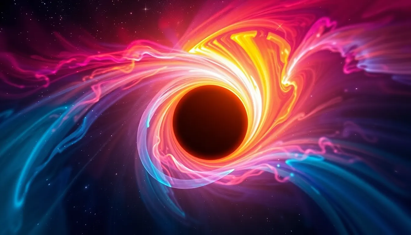 This captivating image illustrates the mesmerizing phenomenon of light bending around a black hole, showcasing a surreal halo of colors against a dark cosmic backdrop. The vibrant spectrum of hues juxtaposes beautifully with the emptiness of the void, creating a striking visual narrative. Detailed textures of cosmic dust enhance the realism, inviting viewers to explore the mysteries of space. The composition's leading lines amplify the dynamic feel, drawing the eye deeper into the scene.