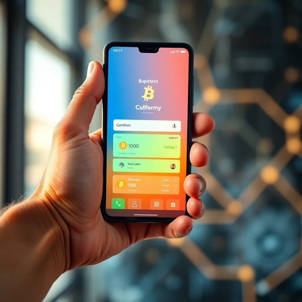 This image captures a close-up of a hand holding a smartphone showcasing a digital cryptocurrency wallet. The vibrant interface contrasts against a blurred tech-inspired background, conveying a sense of innovation. Soft afternoon sunlight brings warmth to the scene, enhancing the colors and details. It is a perfect representation of the modern digital finance world.