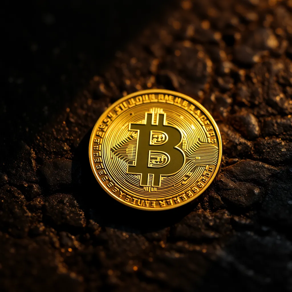 Explore the intriguing world of cryptocurrency with this close-up image of a detailed coin resting on a dark stone surface. Warm tungsten lighting casts a soft glow on the coin, highlighting its intricate engravings and bringing out rich gold tones against the deep black background. The textures of both the coin and stone surface invite a sense of tactile luxury and value, creating a compelling representation of digital currency in the physical world.