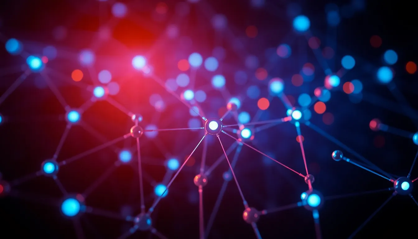 This striking image illustrates a conceptual blockchain network, featuring glowing nodes interconnected by luminous lines. Deep shadows combined with neon highlights create a futuristic feel, enticing the viewer into the realm of advanced technology. The depth of field draws attention to key nodes, suggesting dynamism and complexity within the network.