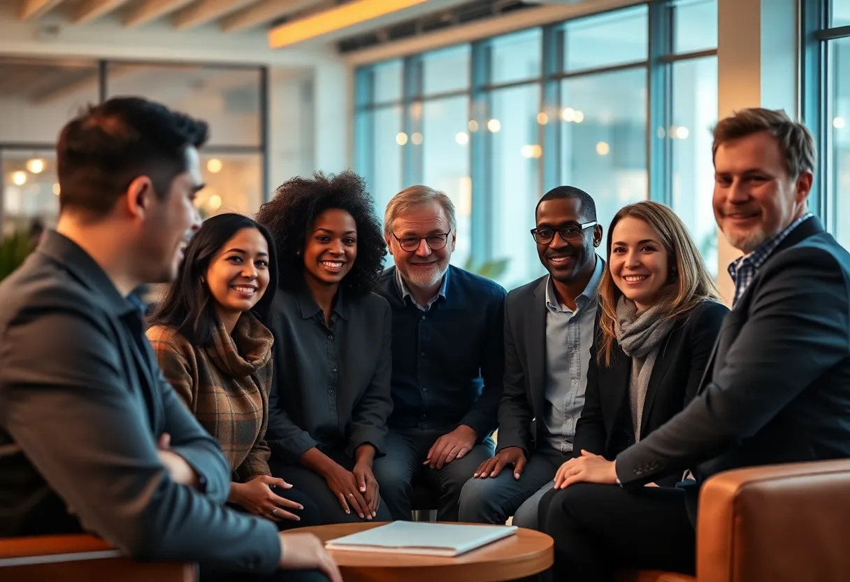 This image portrays a lively discussion among a diverse group of professionals exploring blockchain technology in a modern office environment. Warm tungsten lighting fosters an inviting atmosphere, while the dynamic arrangement adds energy to the composition. Engaged expressions convey excitement about the potential of blockchain, making it relatable and inspiring.