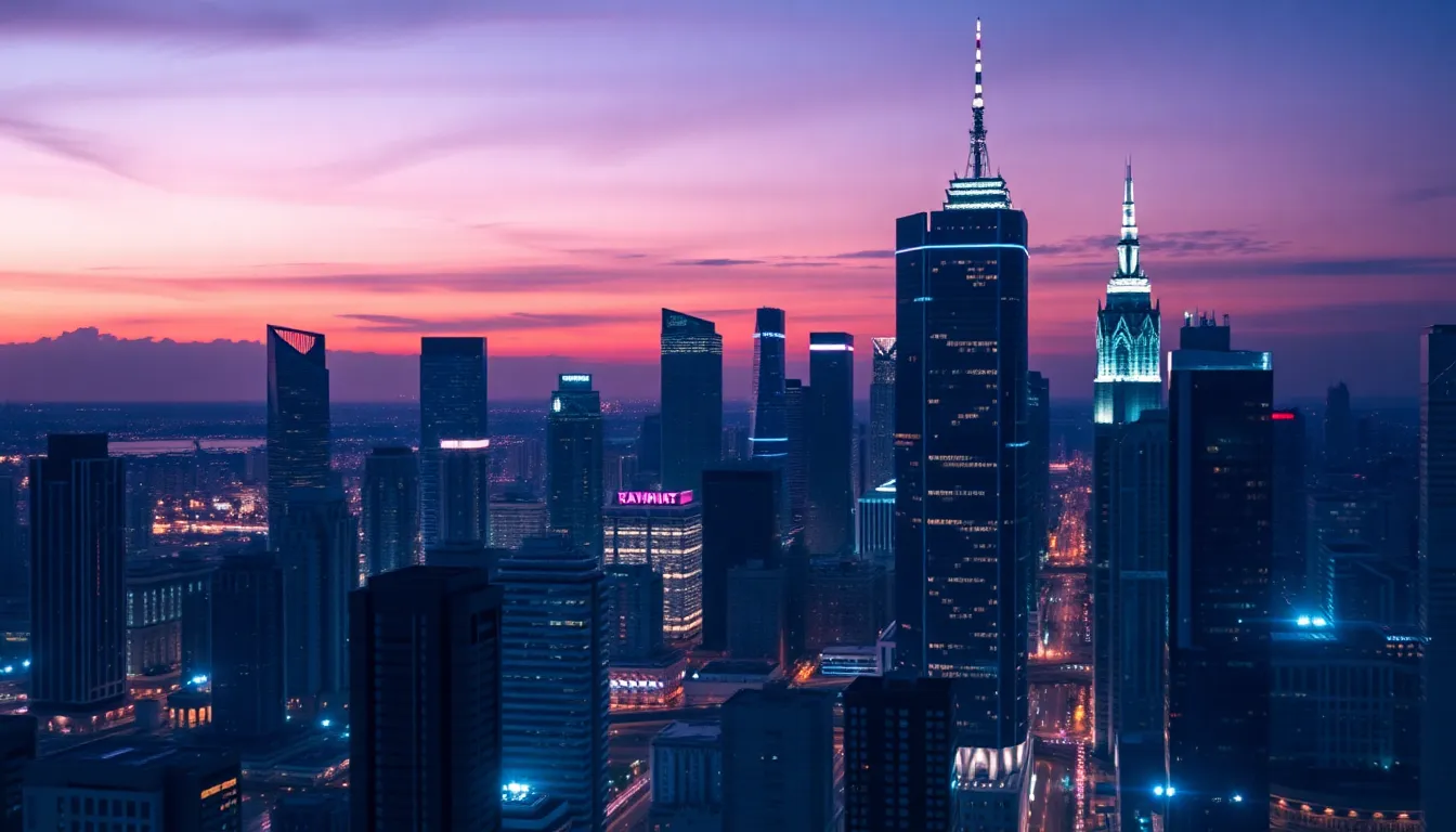 This image presents a breathtaking futuristic city skyline adorned with digital overlays symbolizing blockchain technology. Captured during twilight, the sky radiates rich purple and blue hues, while illuminated structures stand tall. The leading lines of the architecture guide the viewer's eye, melding the physical and digital realms into a compelling vision of the future.