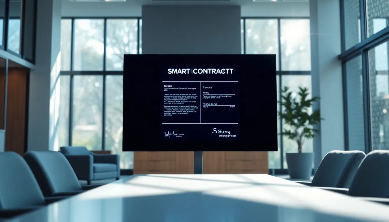 Witness the future of legal agreements with this striking image of a digital smart contract being signed on a large screen in a modern office. Soft daylight fills the space, inviting a feeling of openness and innovation amidst the cool tones of blue and gray. The selective focus draws attention to the dynamic digital flow of the contract, while the bokeh background adds depth. This image beautifully captures the intersection of technology and professionalism in today's workspace.