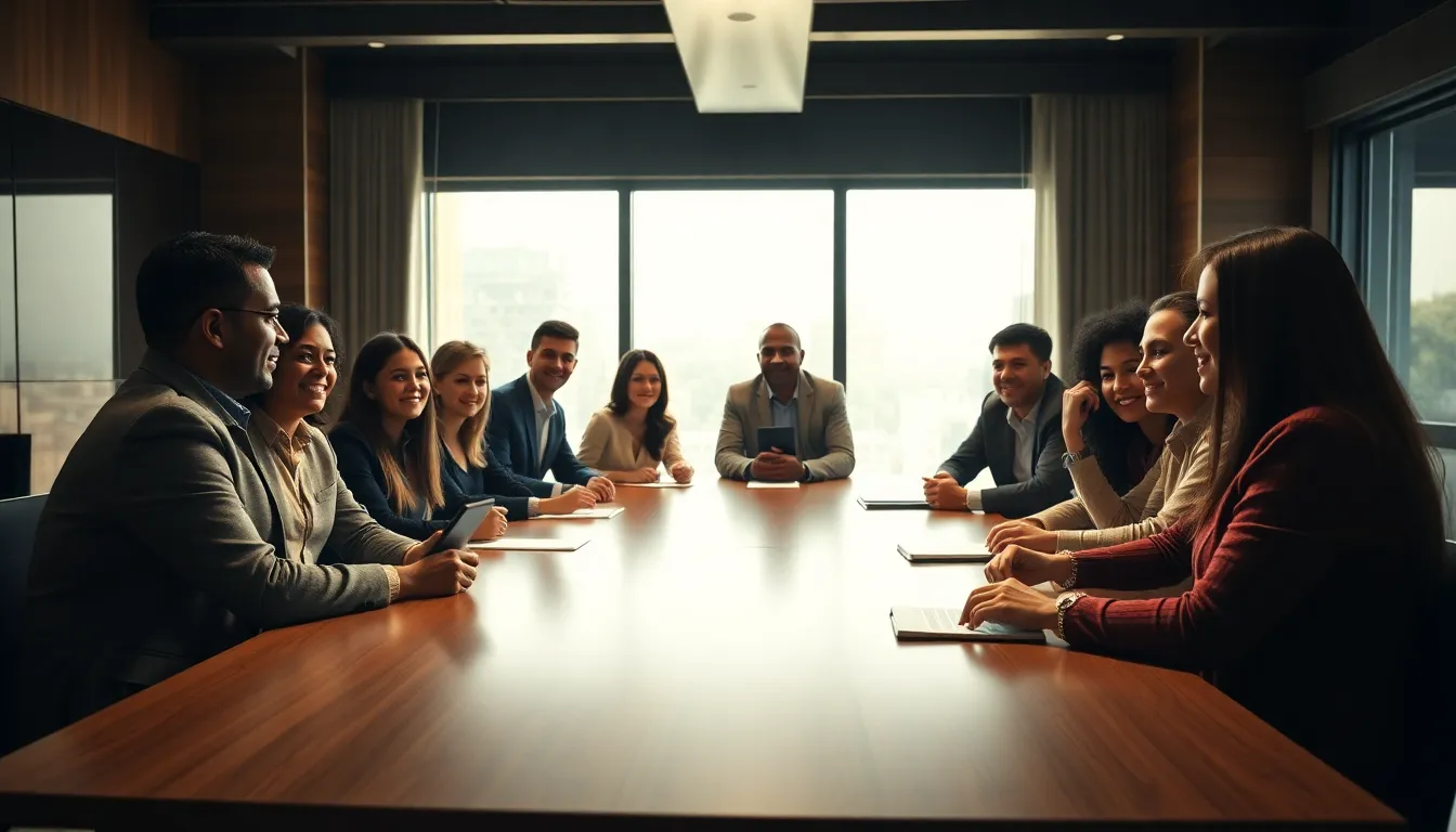 A dynamic and collaborative atmosphere is captured as diverse professionals engage in a blockchain strategy meeting. Natural light fills the room, enhancing the warm color palette of earthy tones that complements the modern decor. Participants are focused and engaged, creating an inspiring scene of innovation and teamwork. The sleek conference table's polished wood surface adds a touch of elegance to this contemporary workspace.