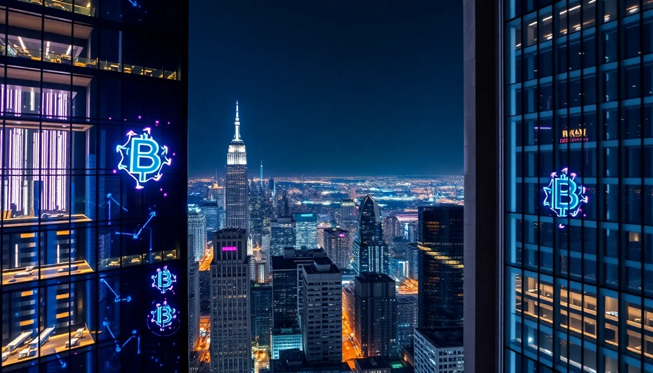 Experience the vibrant energy of a modern city at night, highlighted by a stunning blockchain-themed light installation on a skyscraper. The aerial view captures the interplay of neon lights against the deep blue night sky, creating a captivating visual spectacle. Each building reflects the glow of the city lights, adding depth and dynamism to the scene. The sharp details of the glass and concrete structures emphasize the architectural innovation resonating within the urban landscape.