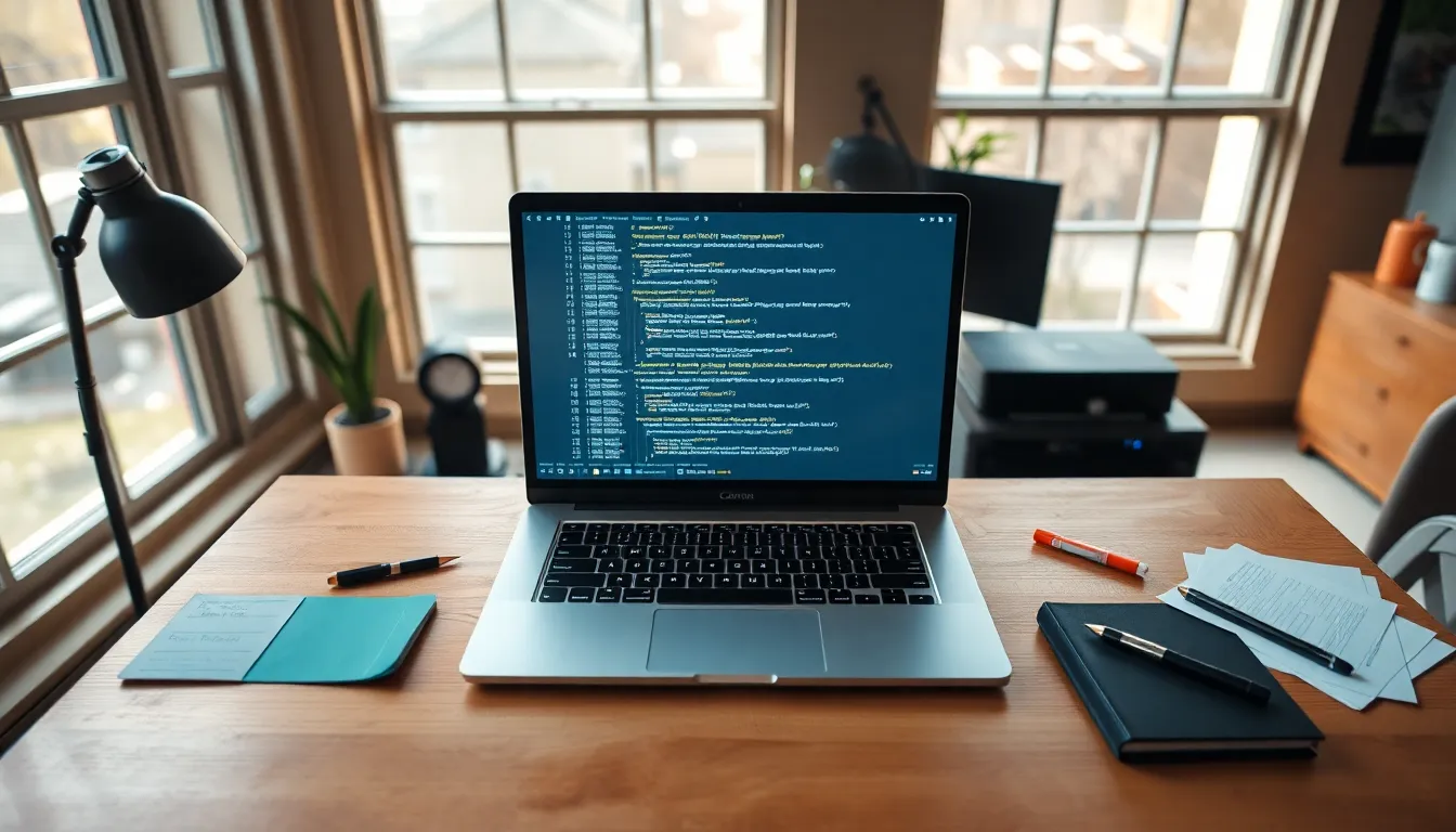 This image presents an inviting overhead view of a blockchain-themed workspace, with an open laptop displaying code. Soft daylight filters through the windows, creating a productive mood. Natural wood textures complement the digital elements, providing a beautiful balance of technology and creativity. The scene invites the viewer to explore the world of blockchain development.